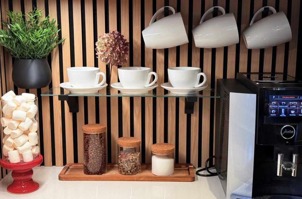 Coffee station with cups and ingredients