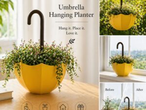 Hanging umbrella planter in yellow, lavender, and pink