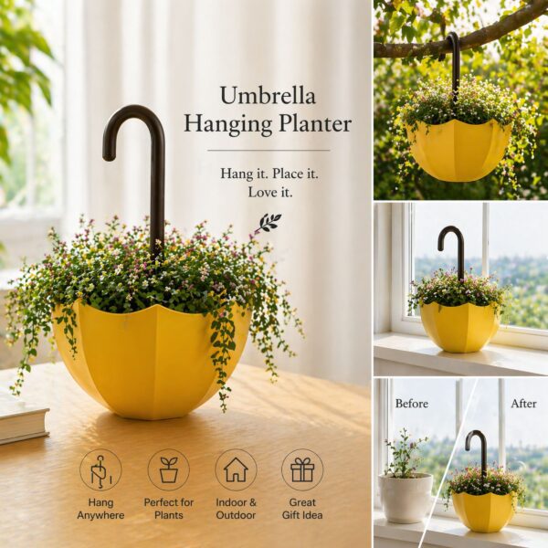 Hanging umbrella planter in yellow, lavender, and pink